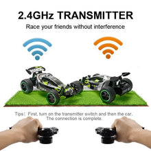 Two Sinovan RC drift cars on grass for outdoor head-to-head racing, garden play, and family fun.