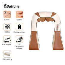 U-Shape Shiatsu Massager feature icons showing heat, timer, and speed modes for customised muscle relief sessions.