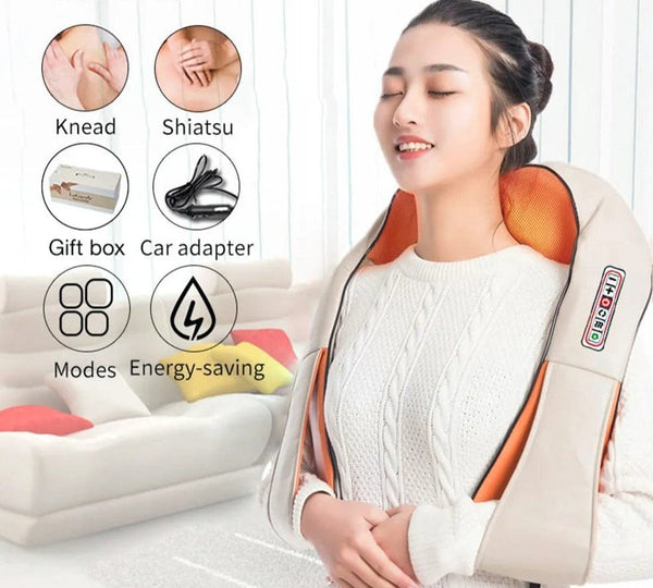 U-Shape Shiatsu Massager with heat used on the neck and shoulders for 4D kneading relief after long working days.
