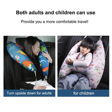 U-Shape Kids Travel Pillow shown beside the adult size for choosing the right neck support for car and plane travel.