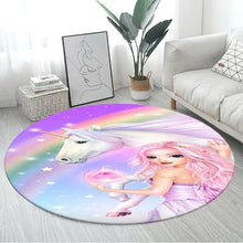 3D Unicorn Cartoon Area Rug in design 11 at 60cm diameter, a large round non-slip kids mat for cot-side corners and small bedroom nooks.