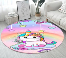 3D Unicorn Cartoon Area Rug in design 12 at 100cm diameter, a large round non-slip kids mat for playroom seating and everyday toy play.