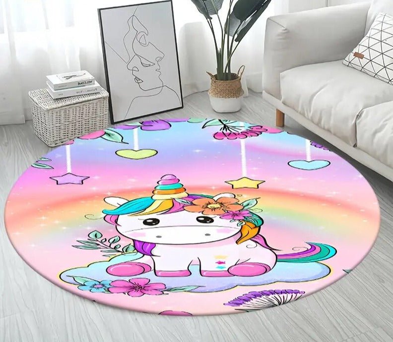 3D Unicorn Cartoon Area Rug in design 12 at 60cm diameter, a large round non-slip kids mat for cot-side corners and small bedroom nooks.