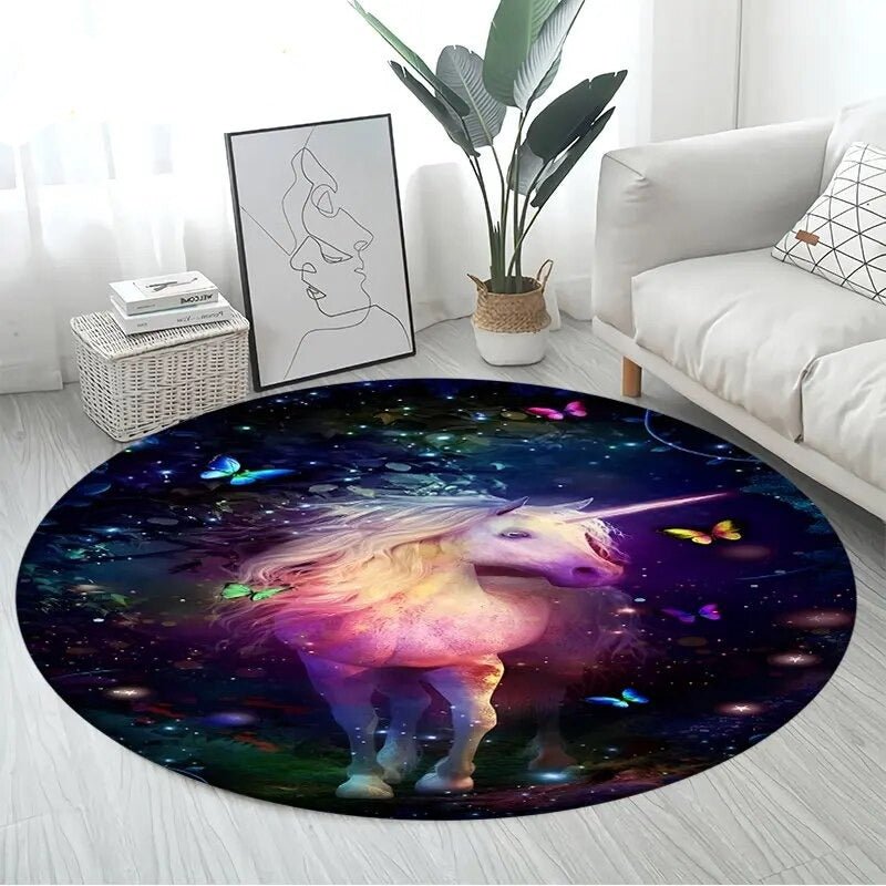 3D Unicorn Cartoon Area Rug in design 14 at 60cm diameter, a large round non-slip kids mat for cot-side corners and small bedroom nooks.