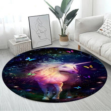 3D Unicorn Cartoon Area Rug in design 14 at 60cm diameter, a large round non-slip kids mat for cot-side corners and small bedroom nooks.