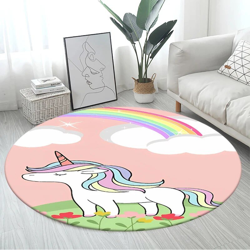 3D Unicorn Cartoon Area Rug in design 16 at 80cm diameter, a large round non-slip kids mat for nursery floors and bedside comfort.
