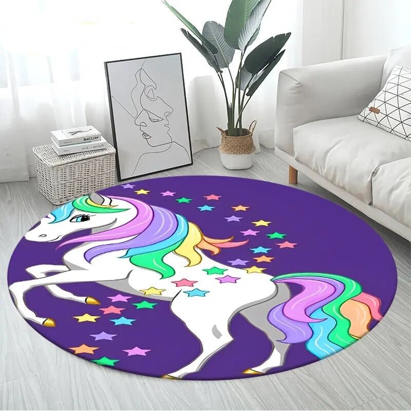 3D Unicorn Cartoon Area Rug in design 17 at 100cm diameter, a large round non-slip kids mat for playroom seating and everyday toy play.