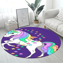 3D Unicorn Cartoon Area Rug in design 17 at 60cm diameter, a large round non-slip kids mat for cot-side corners and small bedroom nooks.