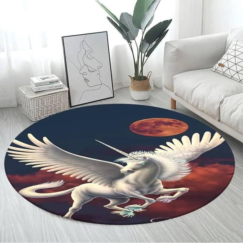 3D Unicorn Cartoon Area Rug in design 18 at 60cm diameter, a large round non-slip kids mat for cot-side corners and small bedroom nooks.