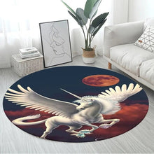 3D Unicorn Cartoon Area Rug in design 18 at 60cm diameter, a large round non-slip kids mat for cot-side corners and small bedroom nooks.