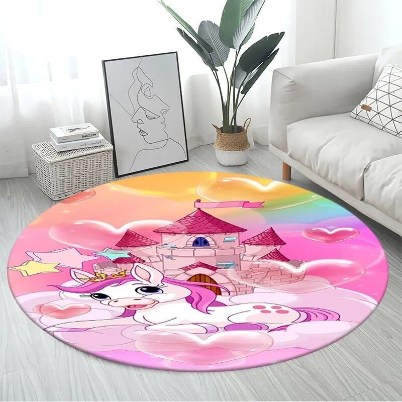 3D Unicorn Cartoon Area Rug in design 20 at 80cm diameter, a large round non-slip kids mat for nursery floors and bedside comfort.