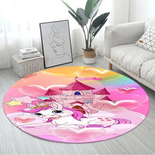 3D Unicorn Cartoon Area Rug in design 20 at 80cm diameter, a large round non-slip kids mat for nursery floors and bedside comfort.