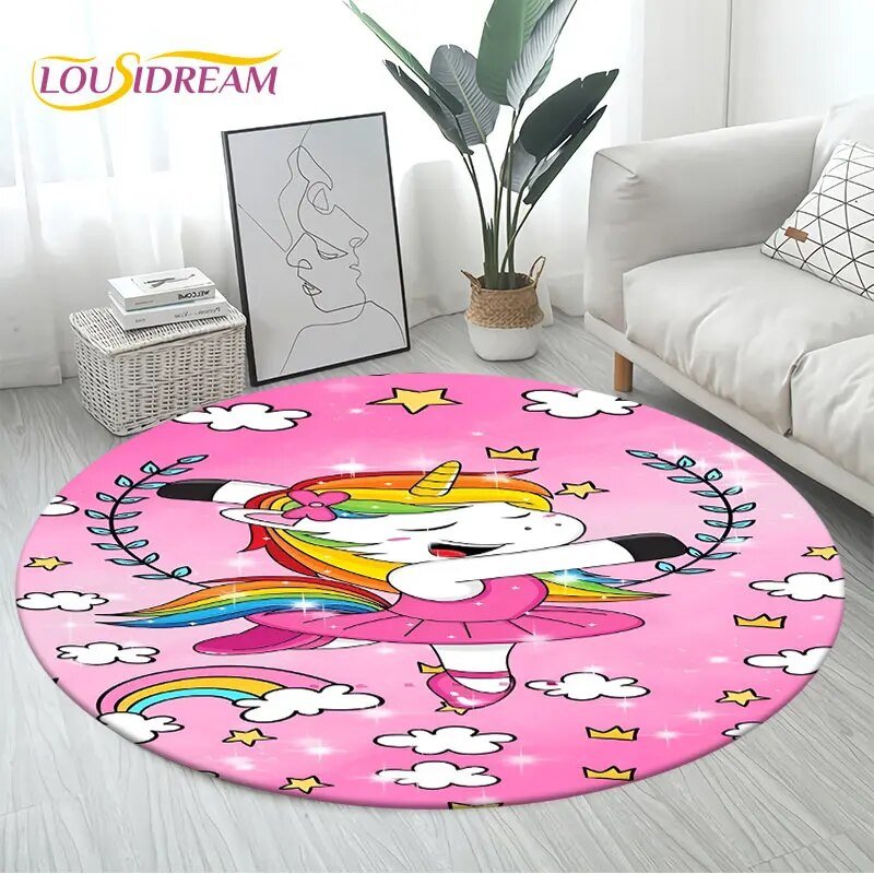 3D Unicorn Cartoon Area Rug in design 5 at 150cm diameter, a large round non-slip kids mat for big play spaces and open living room floors.