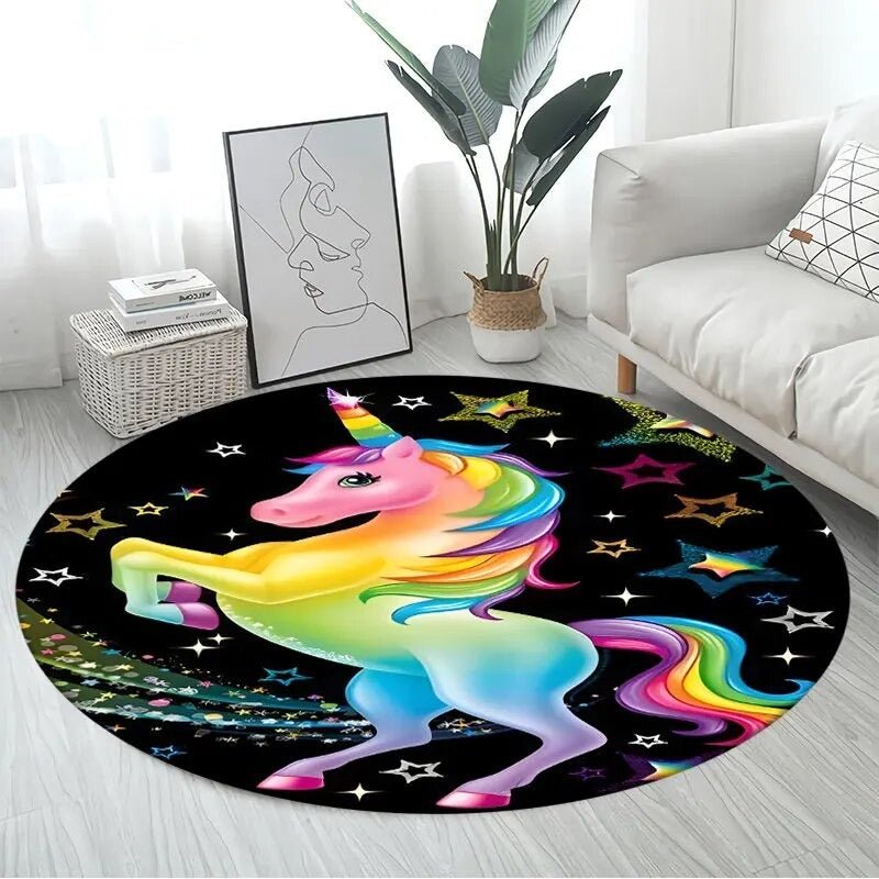 3D Unicorn Cartoon Area Rug in design 6 at 120cm diameter, a large round non-slip kids mat for larger play areas and family lounges.