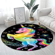 3D Unicorn Cartoon Area Rug in design 6 at 80cm diameter, a large round non-slip kids mat for nursery floors and bedside comfort.