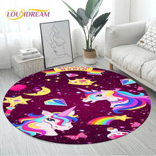 3D Unicorn Cartoon Area Rug in design 7 at 150cm diameter, a large round non-slip kids mat for big play spaces and open living room floors.
