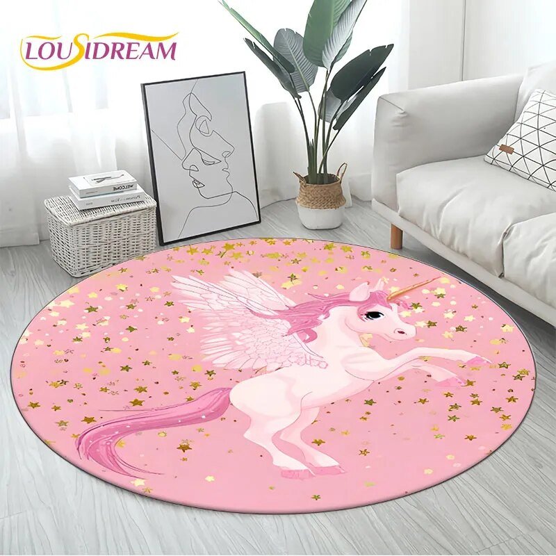 Unicorn 3D cartoon round rug with non-slip backing in pink for safe kids home decor and floor play.