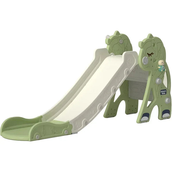 Folding unicorn kids slide and climber playset with music for imaginative indoor play.