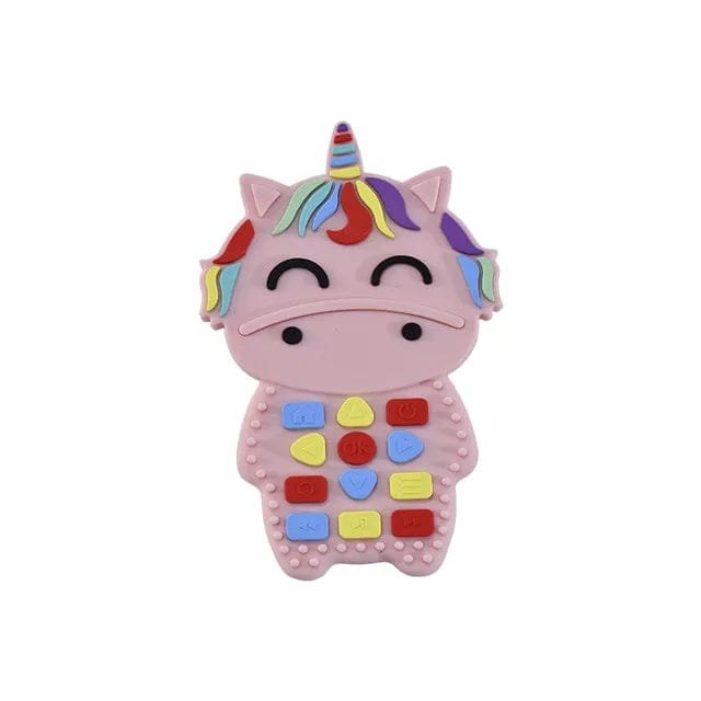 Unicorn phone baby teether for gentle gum soothing, distraction during nappy changes, and travel play.