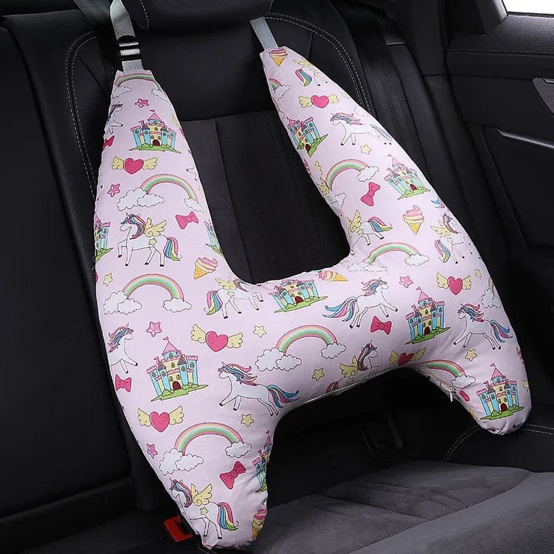 U-Shape Kids Travel Pillow with unicorn and rainbow pattern for cosy car headrest support on school runs and trips.