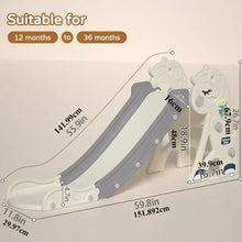 Unicorn kids activity slide and climber with ring toss game and size measurements shown.