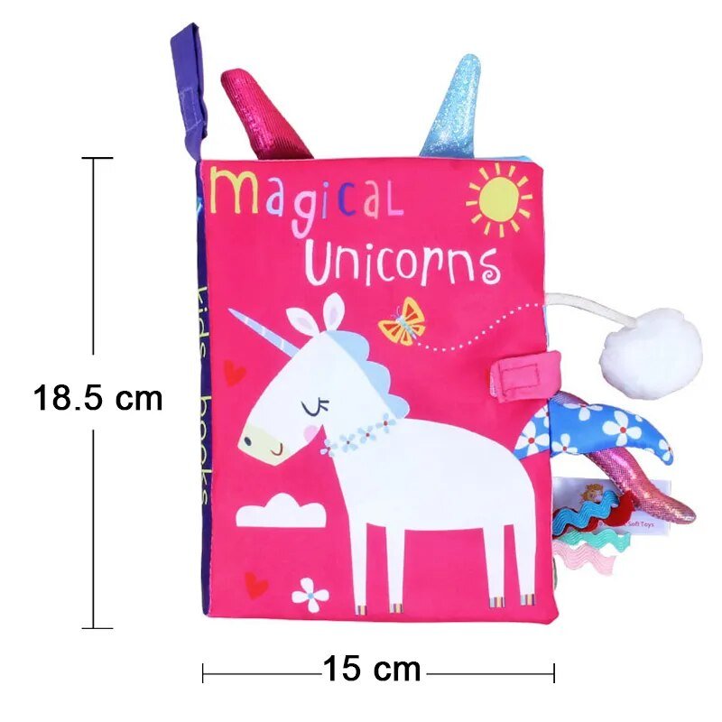 Unicorn-themed pink animal tail cloth book with measurements for baby sensory development.