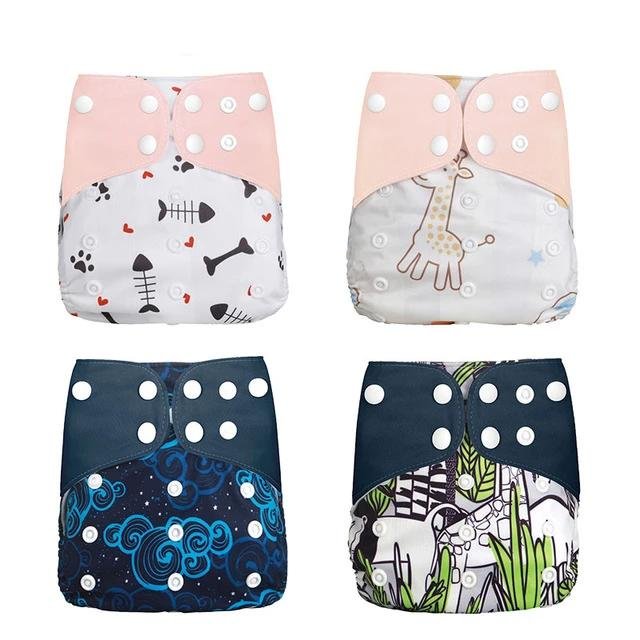 Four colorful baby diapers with different patterns (option 6)