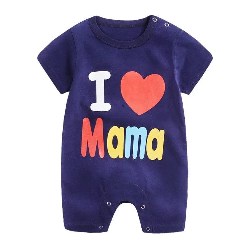 Navy blue baby romper with 'I ❤️ Mama' text 