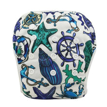 Sea theme print unisex baby swim diaper, a waterproof swim nappy for beach holidays and family pool afternoons.