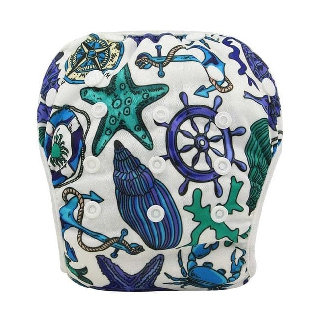 Sea theme print unisex baby swim diaper, a waterproof swim nappy for beach holidays and family pool afternoons.