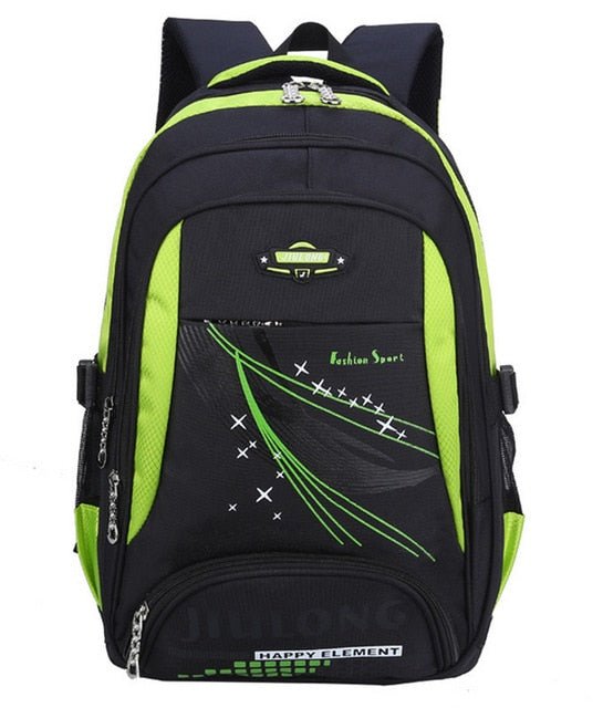 Black and green backpack with visible branding.