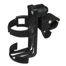 Universal stroller cup holder with rotating drink cradle for keeping coffee and water bottles secure while pushing.