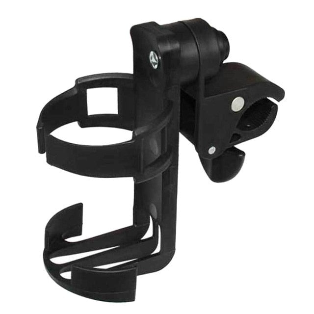 Universal stroller cup holder with rotating drink cradle for keeping coffee and water bottles secure while pushing.