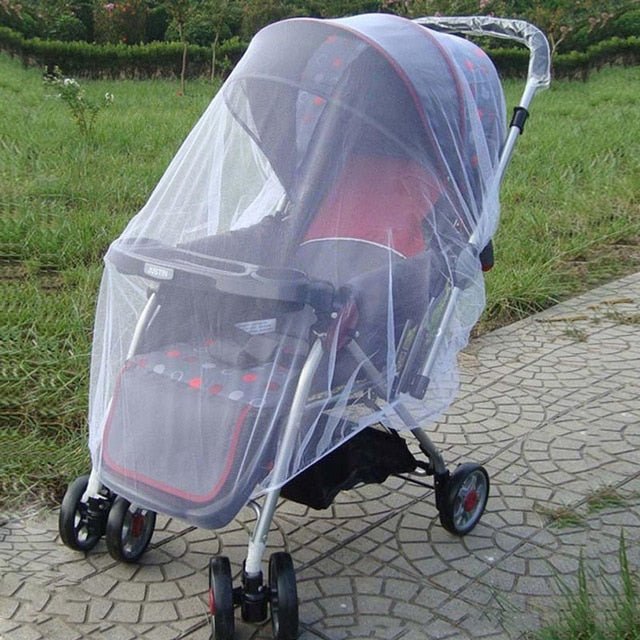 Universal stroller mosquito net with see-through mesh for insect protection on park paths and pavements.