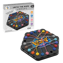 Untie the Rope game box beside the black hexagonal game board with tangled colorful cords