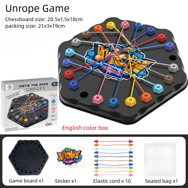 Game board with size notes and a row showing the board, sticker, ten elastic cords and a sealed bag