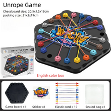 Game board with size notes and a row showing the board, sticker, ten elastic cords and a sealed bag