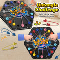 Children's hands untangling colorful elastic cords on two black hexagonal game boards with Untangle Challenge text