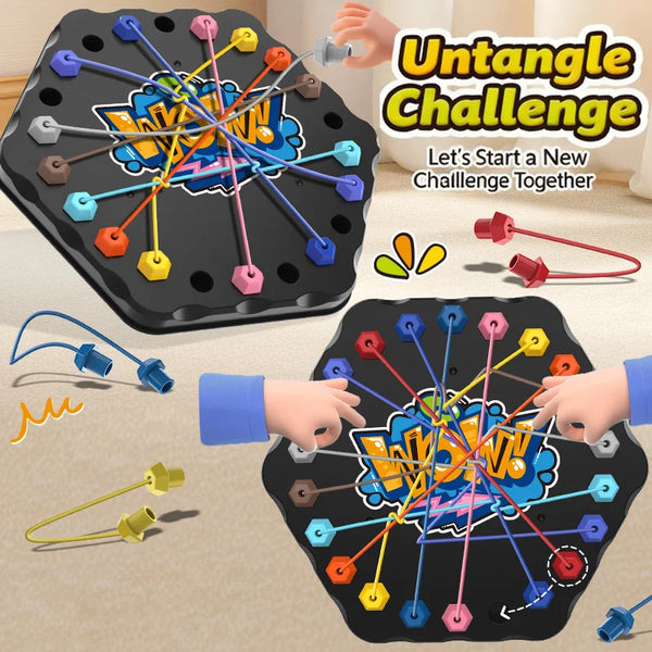 Children's hands untangling colorful elastic cords on two black hexagonal game boards with Untangle Challenge text