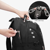 Black backpack with a code lock mechanism.