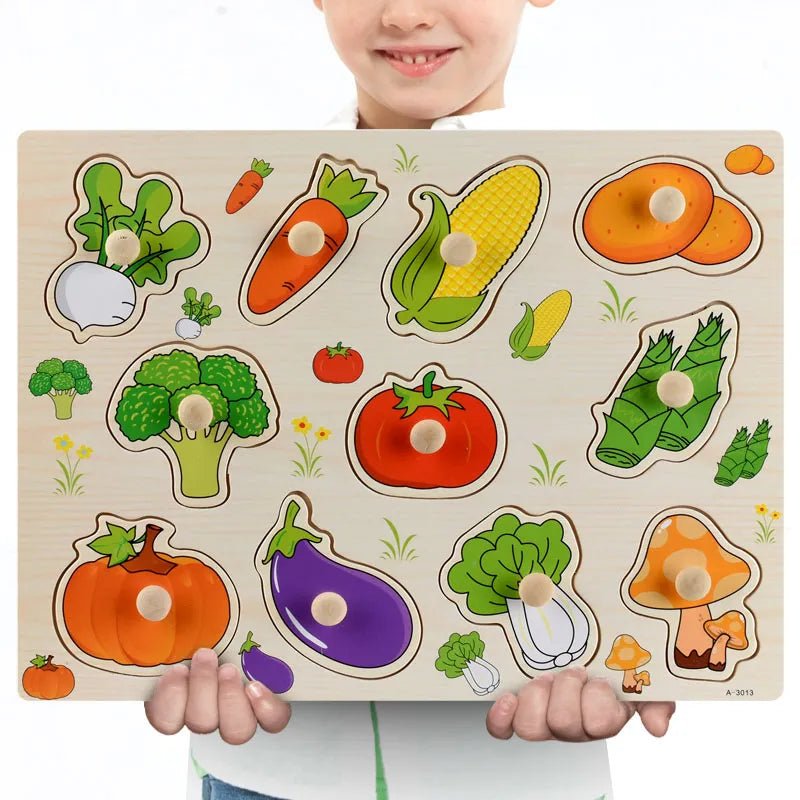 Child holding a Montessori wooden vegetable shape puzzle used as an early childhood learning tool.