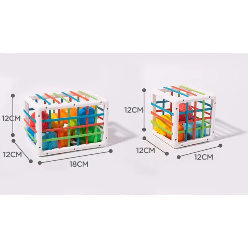 Colorful geometric building blocks with measurements.