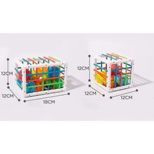 Colorful geometric building blocks with measurements.