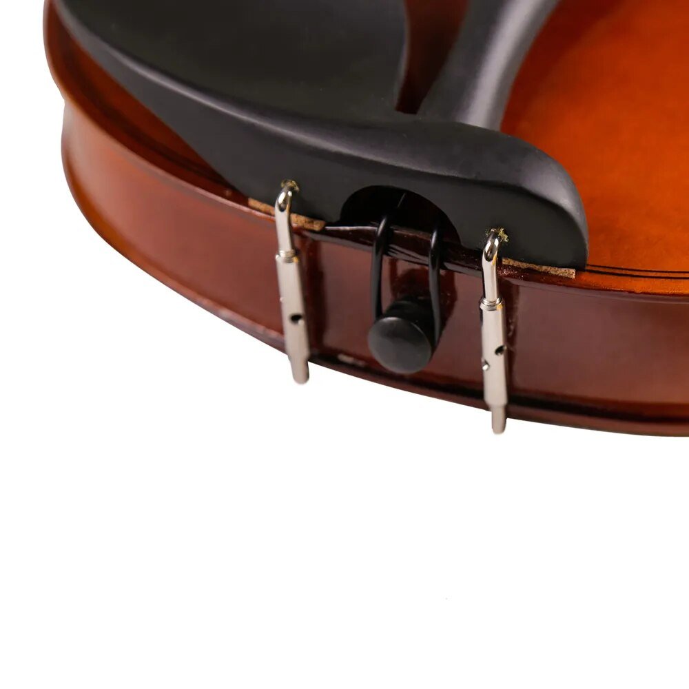 Close-up of the natural 1/8 violin f-holes and chin rest for craftsmanship inspection before practice.