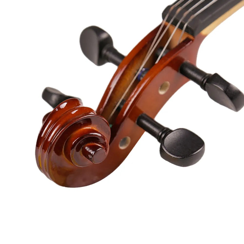 Close-up of the natural 1/8 violin scroll and tuning pegs for tuning and maintenance checks.