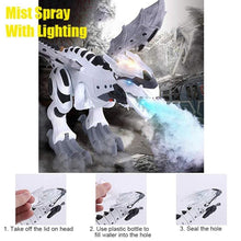 Walking Spray Dinosaur Robot mist spray and lighting guide showing how kids operate the toy during interactive play.