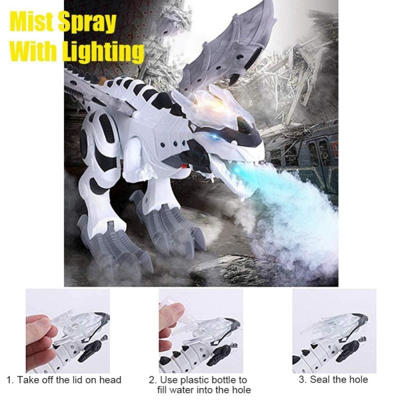 Walking Spray Dinosaur Robot mist spray and lighting guide showing how kids operate the toy during interactive play.