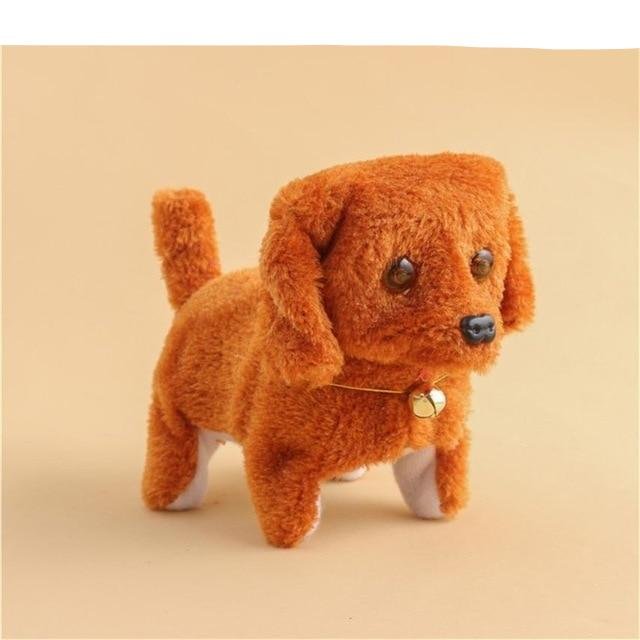 Plush toy dog with a bell.