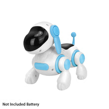 Blue and white robot dog on a white background with the note Not Included Battery