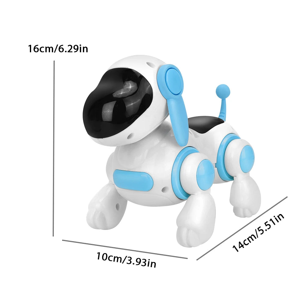 Blue and white robot dog with size markers of 16 cm, 10 cm and 14 cm on a white background